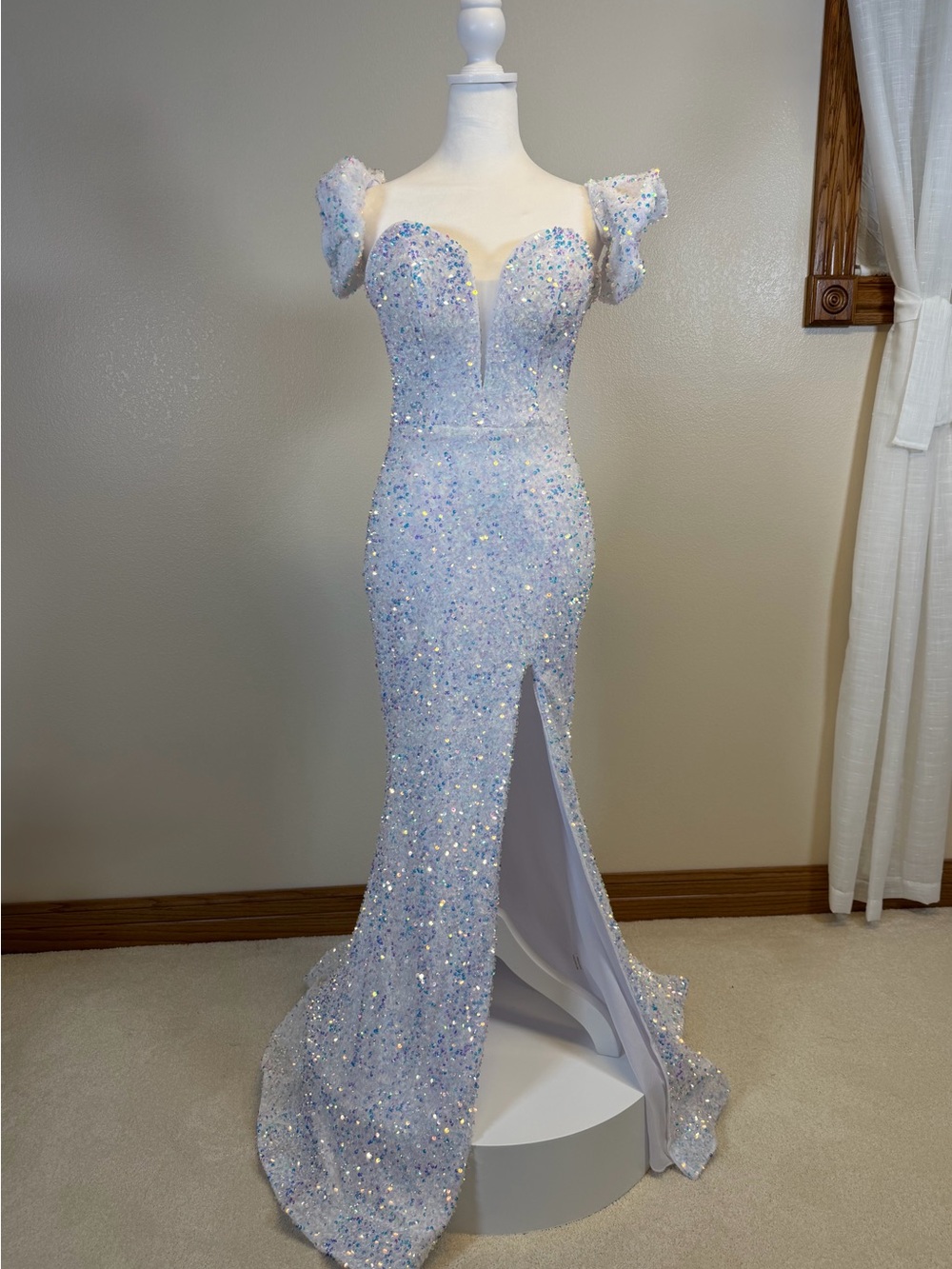 Iridescent White Sequin Evening Gown